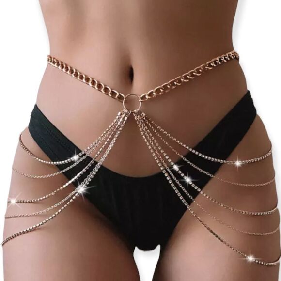 Golden Rhinestone Multi Layer Chains Body Chain Waist Belt NEW - Picture 1 of 4